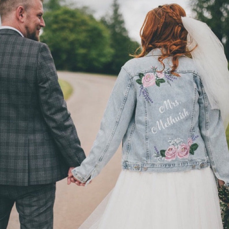 Bridal Bespoke Denim Leather Jacket Calligraphy Hand Painted Pink Rose Wedding Jacket Painted Denim Bridal Jacket UK Monogram