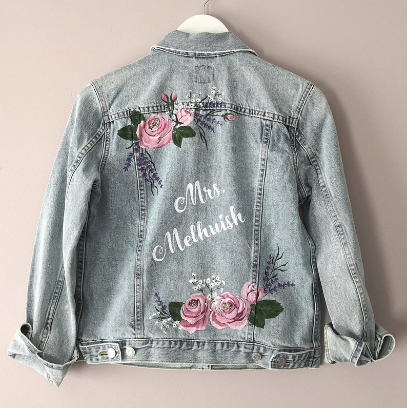 Bridal Bespoke Denim Leather Jacket Calligraphy Hand Painted Pink Rose Wedding Jacket Painted Denim Bridal Jacket UK Monogram