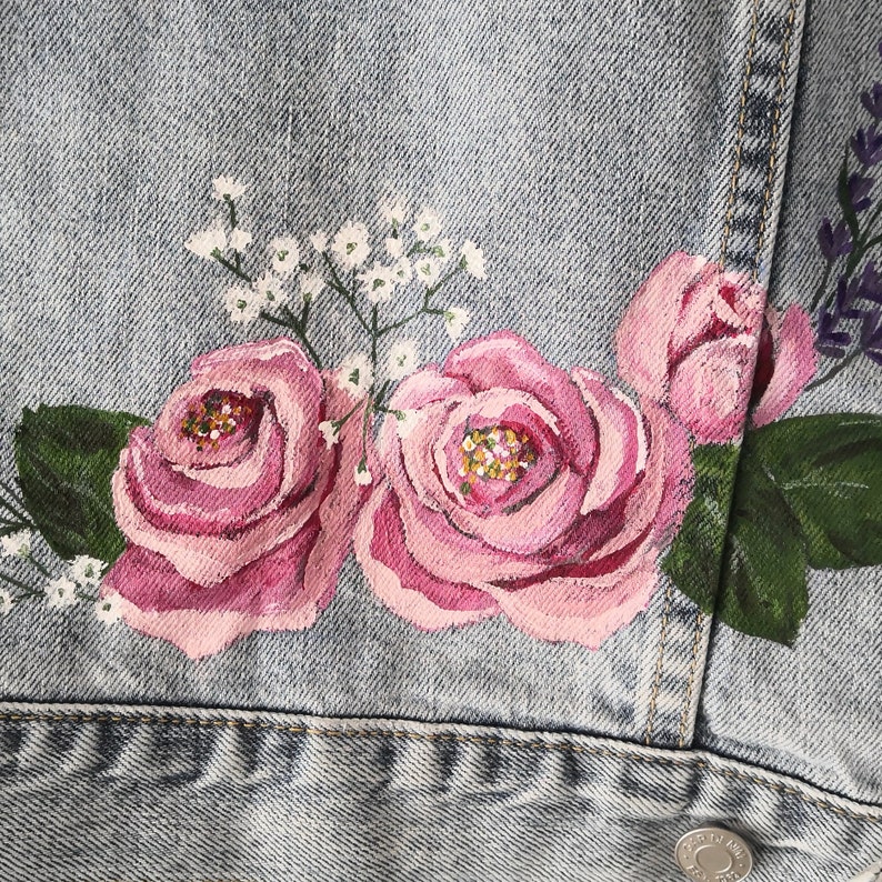 Bridal Bespoke Denim Leather Jacket Calligraphy Hand Painted Pink Rose Wedding Jacket Painted Denim Bridal Jacket UK Monogram
