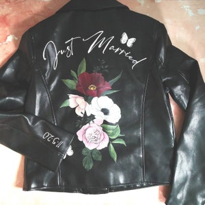 Personalised Hand Painted Design Just Married Leather Jacket, Leather Bridal Jacket, Wedding, Floral Wedding jacket, Custom Lettering, UK image 5