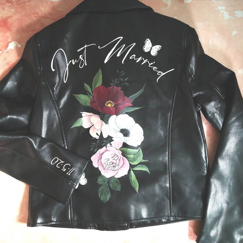 Personalised Hand Painted Design Just Married Leather Jacket, Leather Bridal Jacket, Wedding, Floral Wedding jacket, Custom Lettering, UK image 5