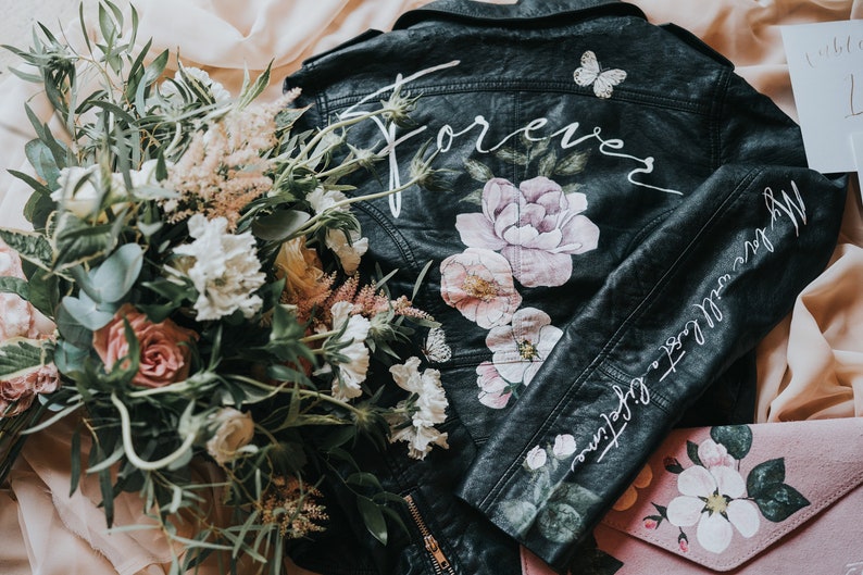 Personalised Hand Painted Design Just Married Leather Jacket, Leather Bridal Jacket, Wedding, Floral Wedding jacket, Custom Lettering, UK image 2