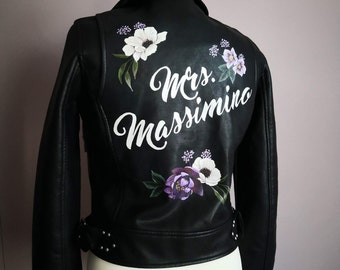 Hand Painted Custom Lilac Floral Design Wedding Jacket, Hand Painted Leather Bridal Jacket, Personalized Leather Jacket Your Name,  UK