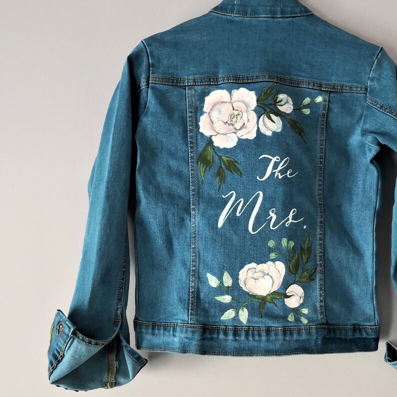 Bridal Bespoke Denim Leather Jacket Calligraphy UK Hand Painted Custom Ivory Floral Design Wedding Jacket Mrs Painted Denim Bridal Jacket