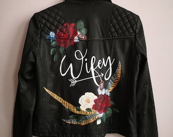 Personalised Leather wifey Jacket, Custom Leather Bridal Jacket, Wedding, Floral Wedding jacket, Custom Name Hand Lettering and Artwork, UK