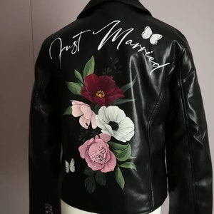 Personalised Hand Painted Design Just Married Leather Jacket, Leather Bridal Jacket, Wedding, Floral Wedding jacket, Custom Lettering, UK image 8