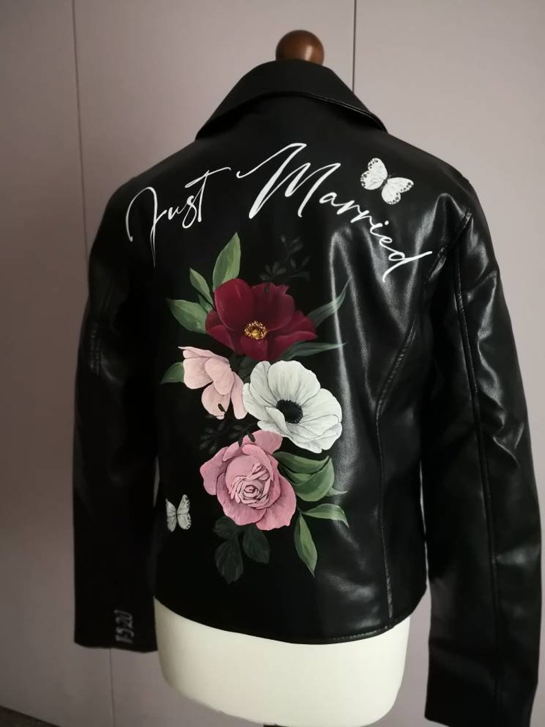 Personalised Hand Painted Design Just Married Leather Jacket, Leather Bridal Jacket, Wedding, Floral Wedding jacket, Custom Lettering, UK image 8