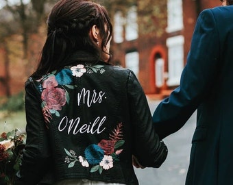 Personalised Jacket Painting, Custom Painted Leather Bridal Jacket, Floral Dahlia Design Wedding Jacket, Bespoke Artwork, Calligraphy, UK