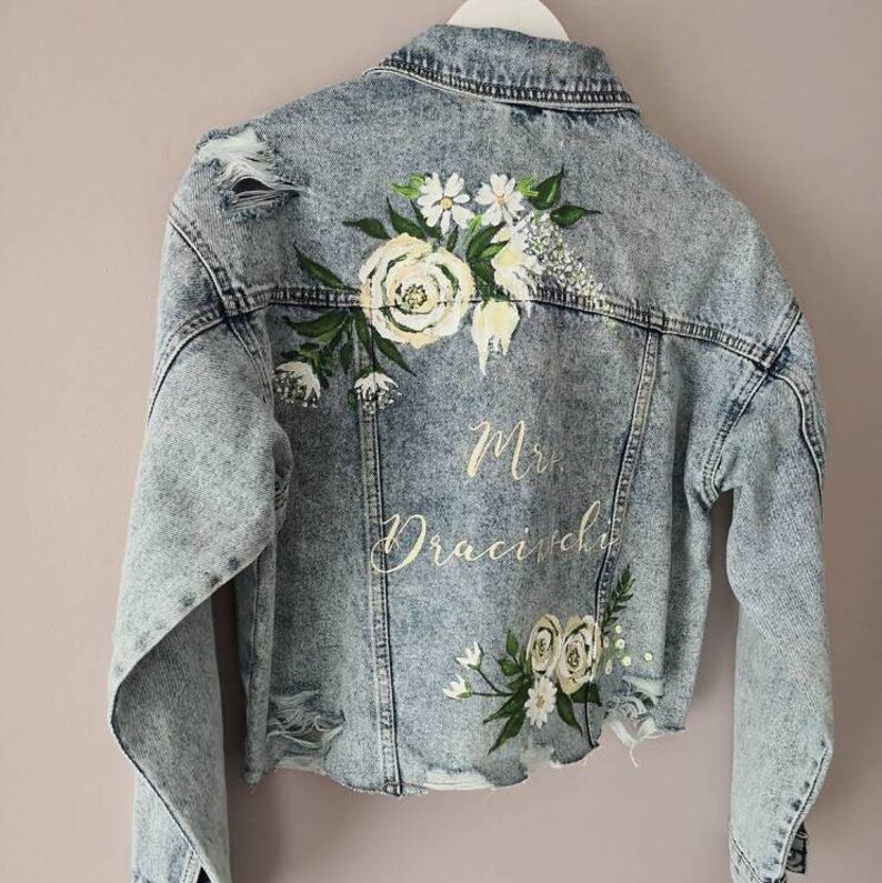 Bridal Bespoke Denim Leather Jacket Calligraphy UK Hand Painted Custom Ivory Floral Design Wedding Jacket Mrs Painted Denim Bridal Jacket