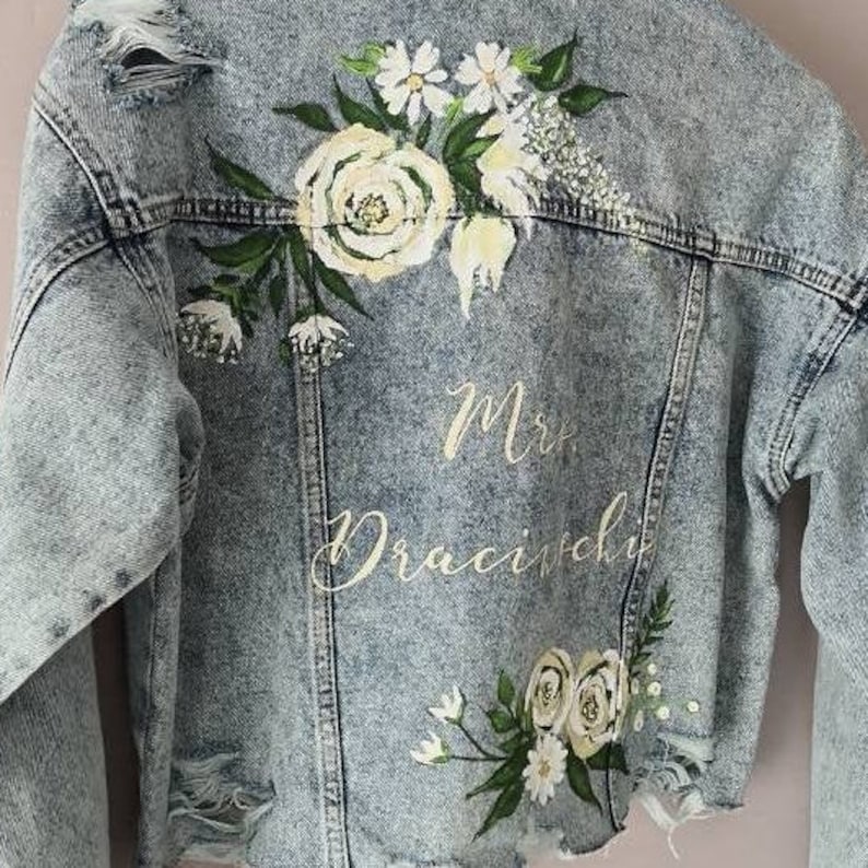 Bridal Bespoke Denim Leather Jacket Calligraphy UK Hand Painted Custom Ivory Floral Design Wedding Jacket Mrs Painted Denim Bridal Jacket