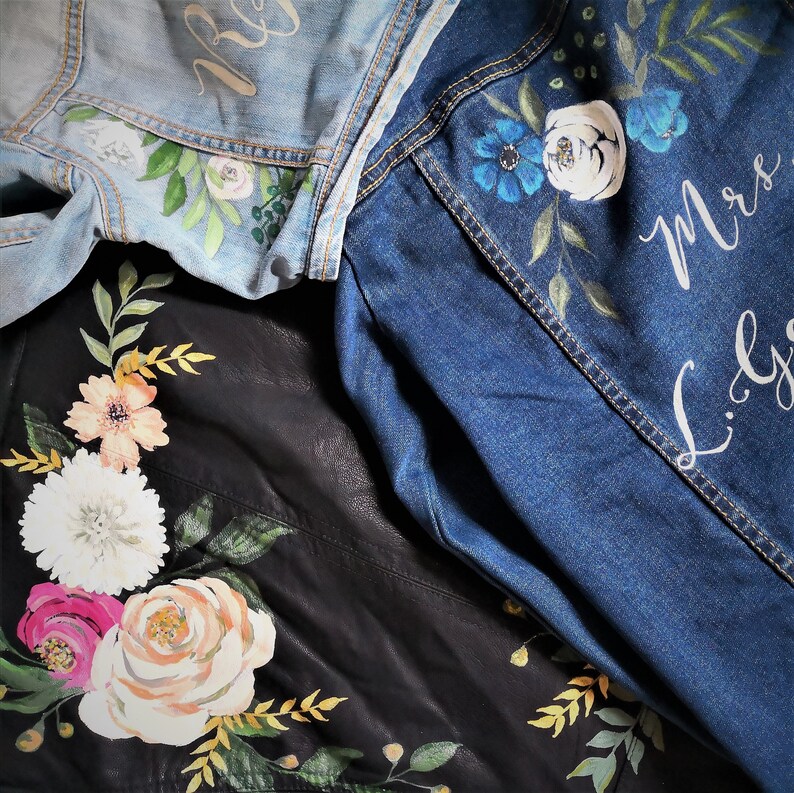 Bridal Bespoke Denim Leather Jacket Calligraphy Hand Painted Pink Rose Wedding Jacket Painted Denim Bridal Jacket UK Monogram