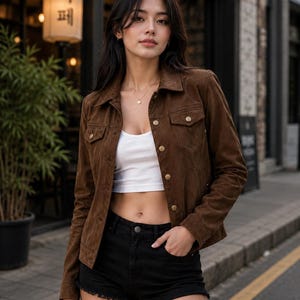 Könnte beinhalten: Eine braune Cordjacke mit Kragen, langen Ärmeln und goldfarbenen Metallknöpfen an der Vorderseite sowie an den beiden Brusttaschen. Die Jacke wird über einem weißen bauchfreien Tanktop und schwarzen Jeansshorts mit ausgefranstem Saum getragen.