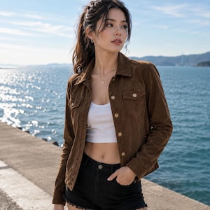 Könnte beinhalten: Eine braune Wildlederjacke mit klassischem Kragen, langen Ärmeln und goldfarbenen Metallknöpfen an der Vorderseite und den Brusttaschen. Die Jacke wird über einem schlichten, bauchfreien weißen Tanktop und schwarzen Jeansshorts mit ausgefransten Säumen getragen.