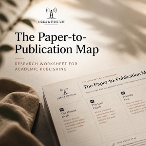 May include: A worksheet titled "The Paper-to-Publication Map" for academic publishing, with the Signal & Structure logo. The worksheet is on a light-colored surface, with a pen, a mug, and a book visible.