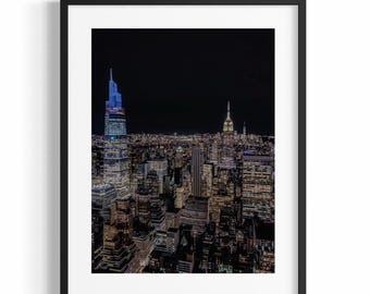 Tableau « Manhattan Night » - Tableau « Manhattan Black & White View » - Décoration murale « Manhattan » pour le salon - Tableau « Manhattan » encadré