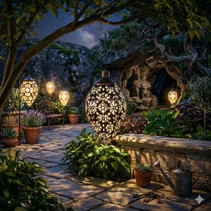 Pode incluir: Uma lanterna solar suspensa em forma de gota com acabamento em bronze escuro e padrões florais intrincados cortados a laser que emitem um brilho quente. A lanterna possui um gancho de metal para suspensão em um jardim.