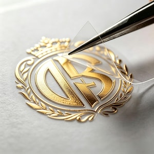 Pode incluir: Um adesivo de folha de ouro com as letras DB entrelaçadas dentro de uma coroa de louros circular encimada por uma coroa. Uma pinça de metal levanta a borda do suporte adesivo transparente do emblema dourado metálico.