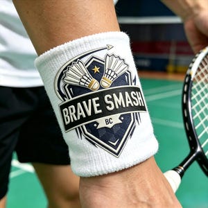 Könnte beinhalten: Ein weißes Frottee-Schweißband mit einem dunkelblauen Schildeblem, zwei weißen Federbällen, einem goldenen Stern und dem Text BRAVE SMASH BC in fetten weißen Buchstaben. Das Design ist mittig auf dem Stoff platziert, der am Unterarm getragen wird.