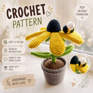 Puede incluir: Un patrón de ganchillo de una flor en maceta con una pequeña abeja en un pétalo. El texto dice CROCHET PATTERN, PDF INSTANT DOWNLOAD, EASY TO FOLLOW, DETAILED INSTRUCTIONS, PERFECT FOR HOME DECOR, GREAT GIFT IDEA y HANDMADE WITH LOVE.