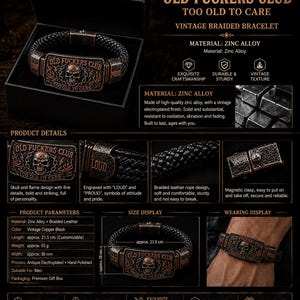 May include: A black braided leather bracelet featuring a rectangular zinc alloy plate with a skull and flame design. The plate is engraved with the text OLD FUCKERS CLUB TOO OLD TO CARE. It includes a magnetic clasp and measures 21.5 cm long.