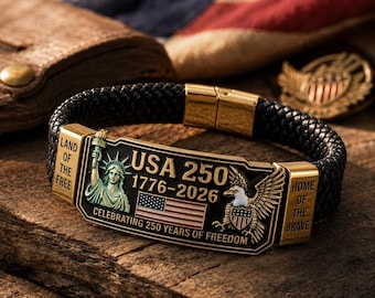 USA 250th Anniversary Commemorative Bracelet for Men, Metal Woven Band with Statue of Liberty and Eagle Emblem