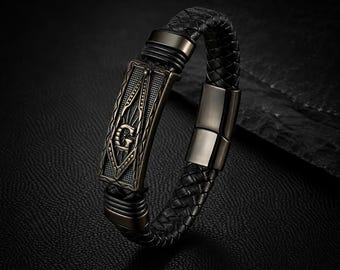 Men's Leather Bracelet Personalized, Black Braided Bracelet
