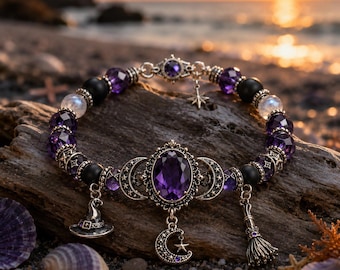 Halloween Witch Crystal Bracelet, Natural Gemstone Bracelet With Moon Star Broom Charm, Amethyst Witchy Magic Wrist Jewelry