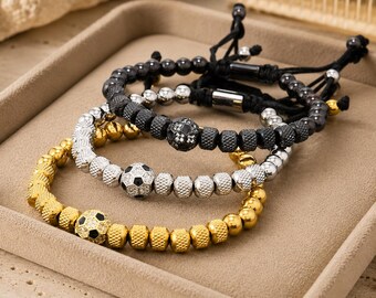 Soccer Ball Beaded Bracelet, Stainless Steel Sporty Jewelry, Adjustable Cord Closure