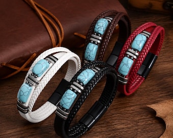Handmade Turquoise Beaded Woven Leather Bracelet, Braided Boho Cuff, Adjustable Unisex Wristband for Men & Women