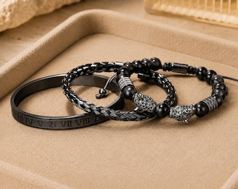 Men’s Dual Leopard Head Braided Bracelet Set, Roman Numeral Wristband, Vintage Black Bracelet Pack, Masculine Jewelry Gift for Him