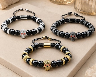 Men's Skull Beaded Bracelet, Micro‑Paved Zircon Skull Charm, Black Natural Stone Braided Adjustable Bracelet, Gothic Jewelry Gift for Him