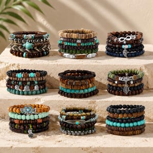 Vintage Unisex Handmade Beaded Bracelet Set, Multi-Layer Stackable Strand Bracelets, DIY Boho Jewelry Gift
