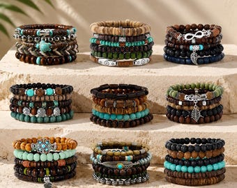 Vintage Unisex Handmade Beaded Bracelet Set, Multi-Layer Stackable Strand Bracelets, DIY Boho Jewelry Gift
