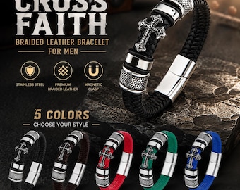 Men's Punk Vintage Braided Leather Bracelet with Cross Charm, Adjustable Wristband, Gothic Biker Jewelry
