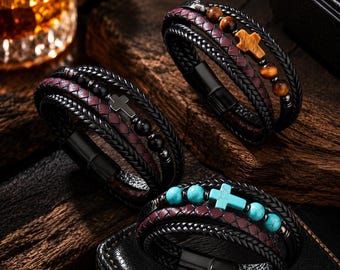 Men's Beaded Cross Stone Woven Leather Bracelet with Stainless Steel Clasp, Durable Handmade