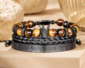 Crown Beaded Bracelet Set of 3, Natural Tiger Eye Stone Bracelets, Micro‑Paved Zircon Crown Charm, Braided Stackable Jewelry Gift