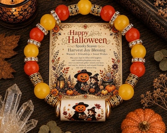 Halloween Charm Bracelet with Witch Hat & Pumpkin Pendants, Crystal Beaded Holiday Gift Jewelry for Women