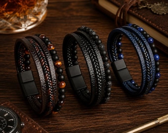 Handmade Braided Men's Bracelet with Natural Lapis Lazuli & Obsidian Beads, Alloy Accents