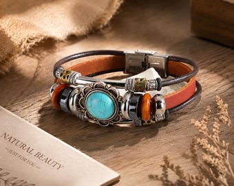 Unisex Bohemian Turquoise Alloy Beaded Bracelet Vintage-Style Hand-Strung Gift Choice