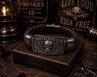 Vintage Skull Biker Bracelet, Braided Genuine Leather Band with Antiqued Metal Plaque, Gothic Rock Accessory, Gift for Men