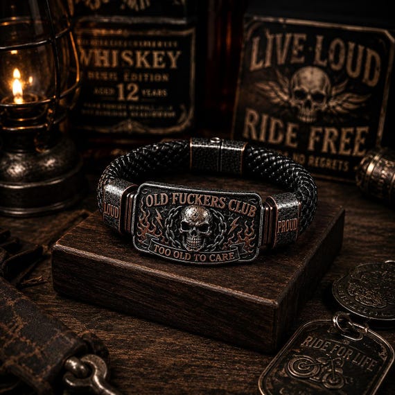 Vintage Skull Biker Bracelet, Braided Genuine Leather Band with Antiqued Metal Plaque, Gothic Rock Accessory, Gift for Men