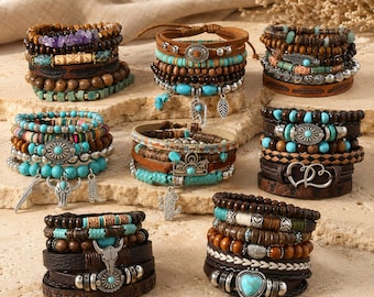 Turquoise Multi‑Layer Stretch Beaded Bracelet Set, Wooden Bead Stackable Bangle For Men Women