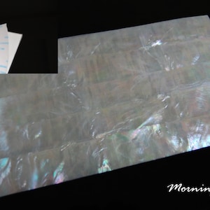 Pode incluir: Uma folha de azulejos de madrepérola branca iridescente. Os azulejos estão dispostos em uma grade e têm um brilho sutil.