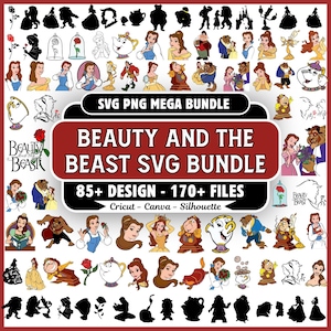 May include: A digital collection of Beauty and the Beast graphics featuring numerous character illustrations, silhouettes, and line art. The central text reads SVG PNG MEGA BUNDLE BEAUTY AND THE BEAST SVG BUNDLE 85+ DESIGN - 170+ FILES.