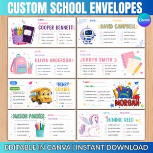 Plantilla de sobre escolar personalizada, sobre personalizado para la vuelta al cole, sobre imprimible, sobres escolares de Canva (descarga digital).
