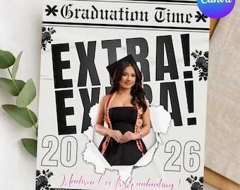 Editable Graduation Newspaper Invitation | Customizable Canva Grad Party Flyer | Digital Graduation Announcement | Senior Celebration Invite