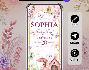 Animated Fairy First Birthday Invitation Enchanted Garden Girl 1st Birthday Video Invite Watercolor Floral Garden Template Digital Download