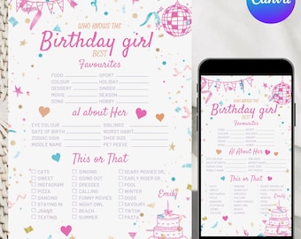 Birthday Girl Trivia Game, Editable Party Quiz (Digital Download) Who Knows the Birthday Girl Best Canva Editable Template