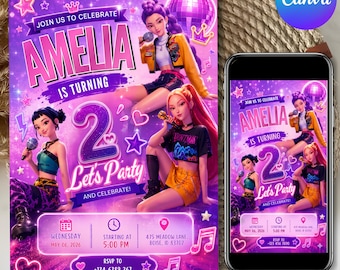 Kpop Birthday Invitation Canva Template, Anime Party Invite, Kpop Demon Hunters Birthday Invitation, Editable Kids Invite, Instant Download