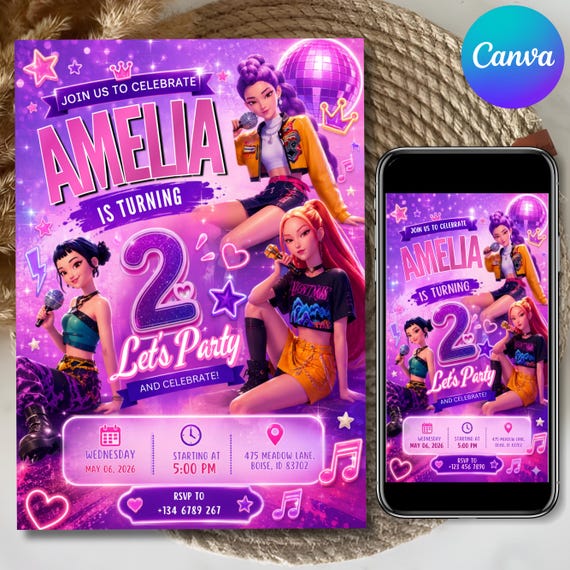 Kpop Birthday Invitation Canva Template, Anime Party Invite, Kpop Demon Hunters Birthday Invitation, Editable Kids Invite, Instant Download